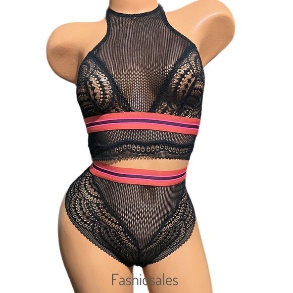 Victorias Secret Set Bonded High Neck Lace bralette bra & High Waist Cheeky S - Picture 2 of 2